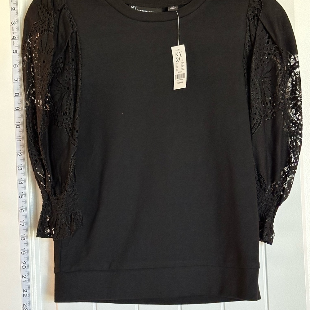 NWT- Women’s XS- New York & Company Black Lace Sleeve Sweatshirt